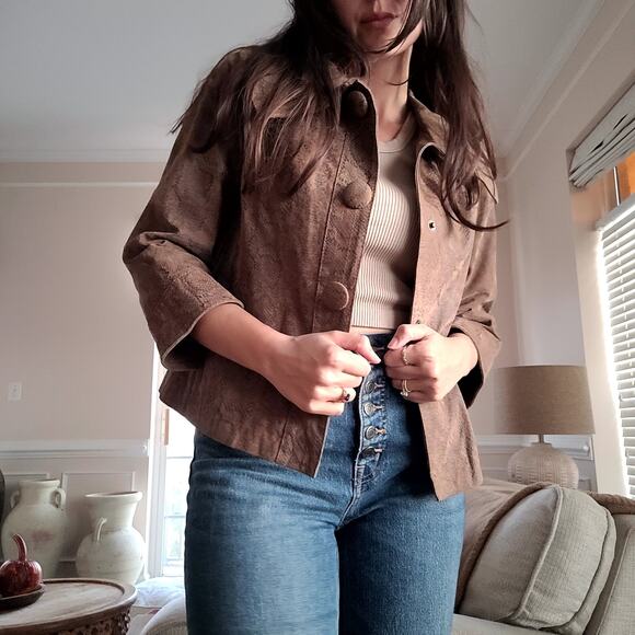 L.A.L. Leather Snake Print Jacket Round Collar Cropped Snap Buttons M - Picture 1 of 7